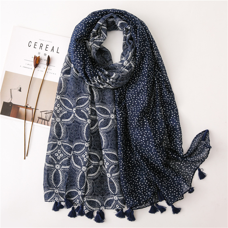 

Scarves Silk Quality Cotton Sunscreen Scarf Spring And Summer Navy Blue White Porcelain Print Long Tassel Cape