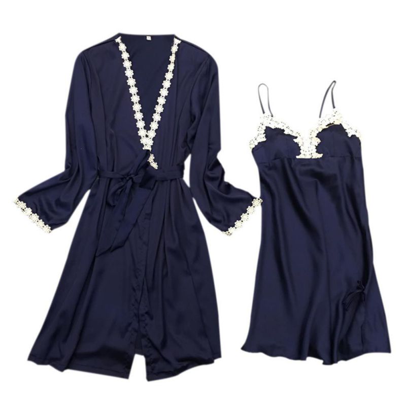 

Female Sexy Nightdress&bathrobe 2 pcs Set Sexy Lace Satin Padded Sleepwear Women Clothing Autumn Nightgowns Night Shirt