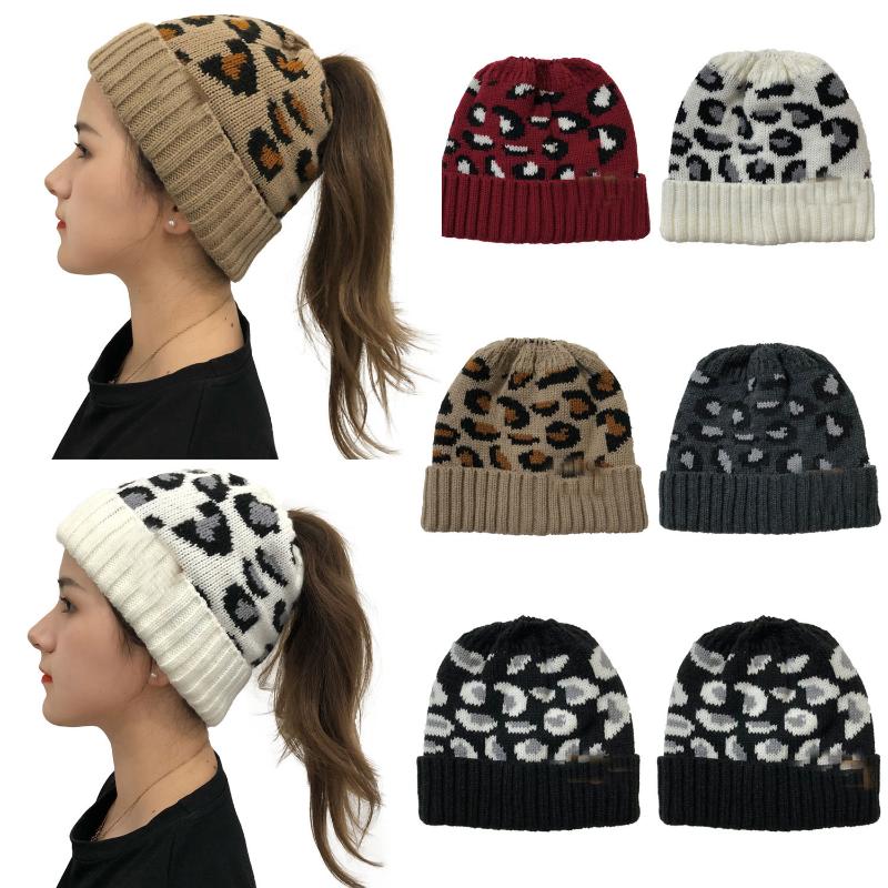 

2020 Color leopard Horsetail Hat Autumn Winter Warm Rear Opening Tail Knitting Earmuffs Charming Women Beanie Hats LA, White
