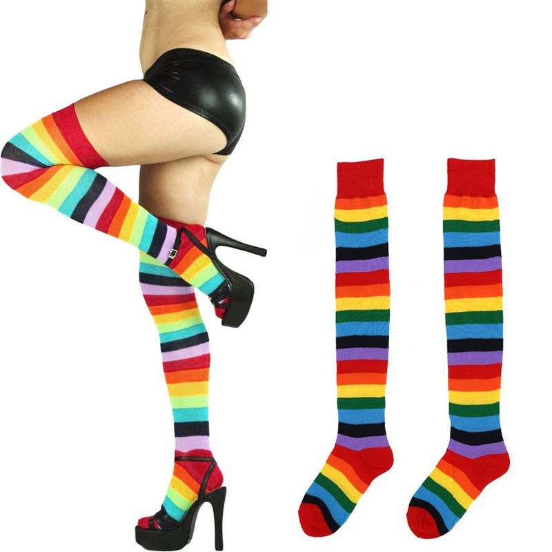 

2020 fashion Ladies Women Striped Stripey Rainbow Stocking Over Knee Socks Long christmas dress Stocking Halloween striped, Gold