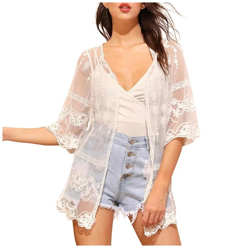 

2020 Casual Loose Woman Shirt Fashion Half Sleeve Kimono Cardigan Blouses Hollow Out White Lace Blouse Kimono Summer Women Tops