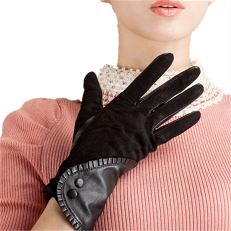 

European and American style fashion flannelette spliced sheepskin gloves, women winter warm leather gloves to keep out the cold