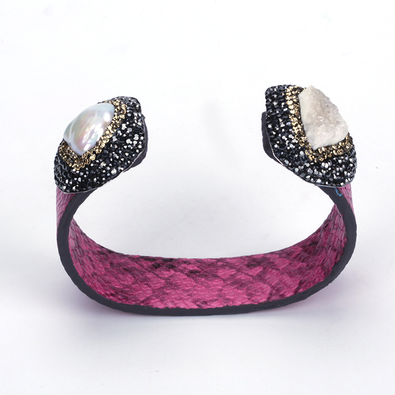 

Natural Freshwater Pearl Rough Druzy Stone Charm Pave Rhinestone Hot Pink Real Snake Leather Wide Big Open Bangle Cuff Women