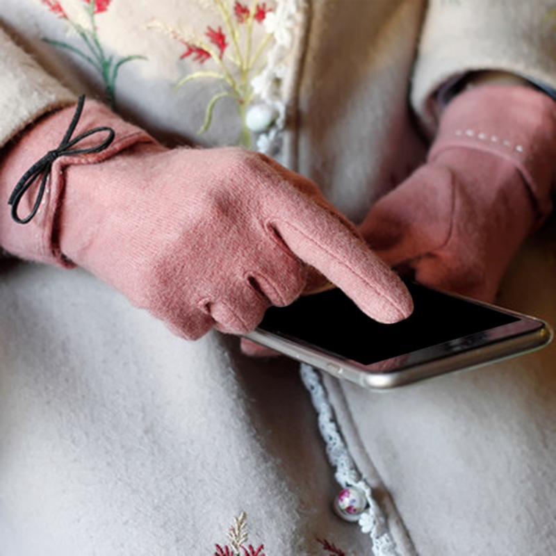 

2020 New Winter Women Warm Elegant Wool Touch Screen Gloves Temperament Bowknot Korean Style Comfortable Solid Color Mittens