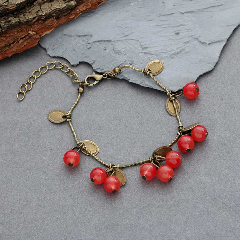 

Fashion Vintage Fruit Cherry Bracelet Retro Red Cherry Charm Bracelets For Women Tree Leaves Jewelry Dropshipping Pulseira 2020