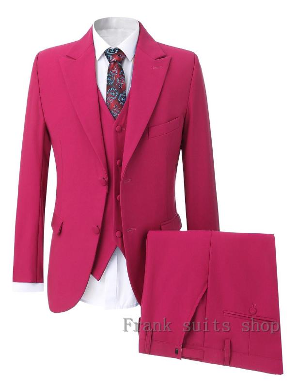 

2020 New Solid Color Fashion Trend Rose Red Suit Three-Piece Wedding Party High Quality Slim Dress Suit Jacket Vest Pants, As picture