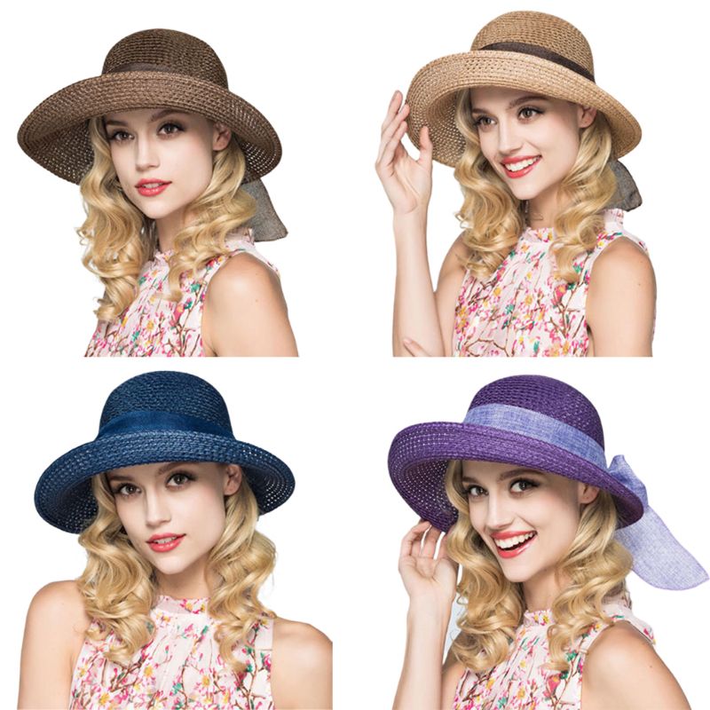 

Women Summer Handmade Weave Straw Beach Hat Wide Ribbon Bowknot Cuffed Wide Brim Sun Protection Breathable Outdoor Visor Cap, Purple