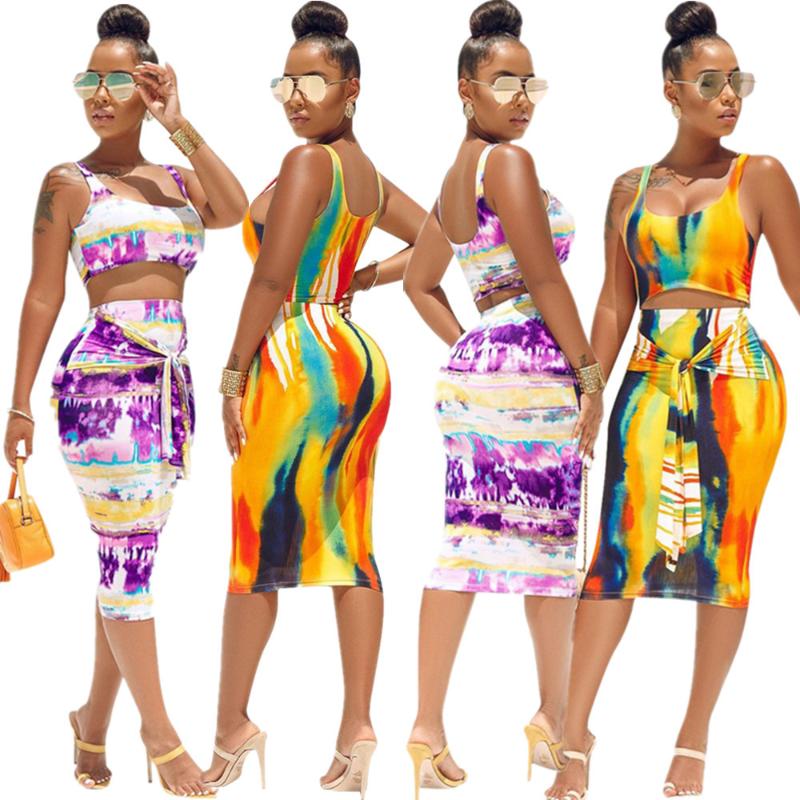 

Summer 2020 Fashion Style African Women Printing Two Pieces Sets Top and Skirt African Clothing Clothes for Women