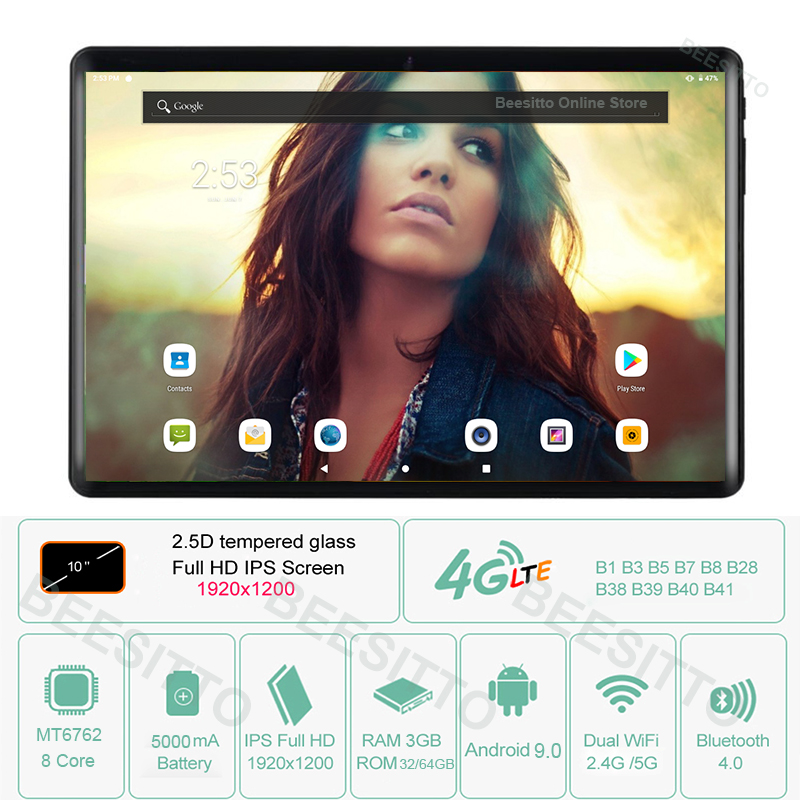 

Android Tablets 10.1 Octa Core 3GB RAM 64GB ROM 4G LTE 5G Wifi Android 9.0 Pie 1920*1200 IPS Type-C USB 10 inch Tablets PAD, Black