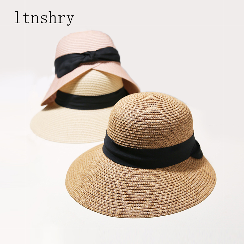

Womens Summer Wide Brim Straw Beach Cap women hat Black Bowknot Ribbon Foldable UV-Protection Adjustable Floppy Sun Visor Hat