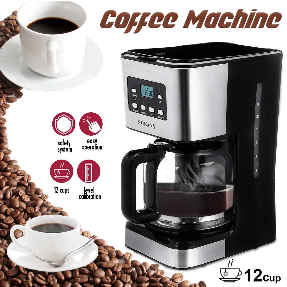 

Coffee Machine 12 Cups Semi-Automatic Steam Coffee Maker 220V Detachable Washable Coffeemaker For Espresso Cappuccino Latte