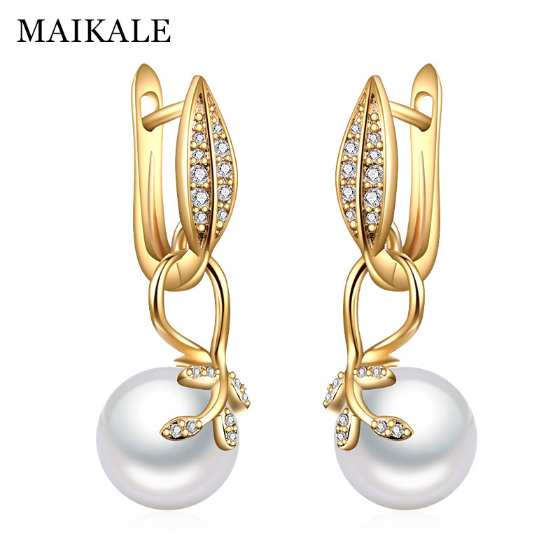 

MAIKALE New Simple Leaf Shape Drop Earrings With Pearl Gold Silver Color Cubic Zirconia Korean Earrings For Women Send Gifts