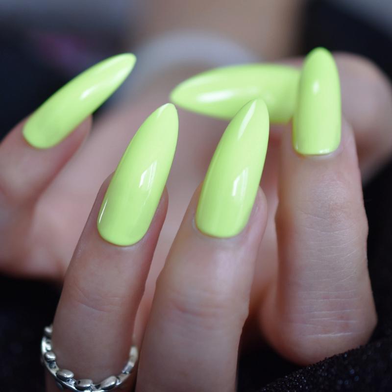 

Extra Long Neon Green Fake Nails Super Stiletto Curved Press On Fingernails UV Gel Polish Cover Glossry Summer Nail Tips 24, L5104