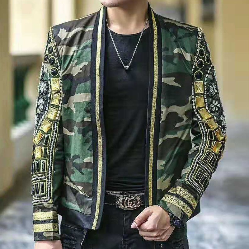 

Man Autumn Winter Suit Heavy Nail Pearl Leisure Time Small Suit Jacket Blazer Hombre Singer Jacket Men DJ Host Men Blazer, Picture