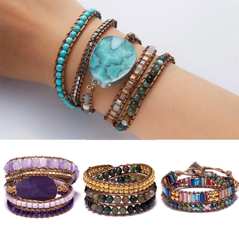 

Boho Mixed Natural Stones Crystal Stone Charm Multilayer Strands Wrap Bracelets Handmade Women Men Rope Bracelet Jewelry