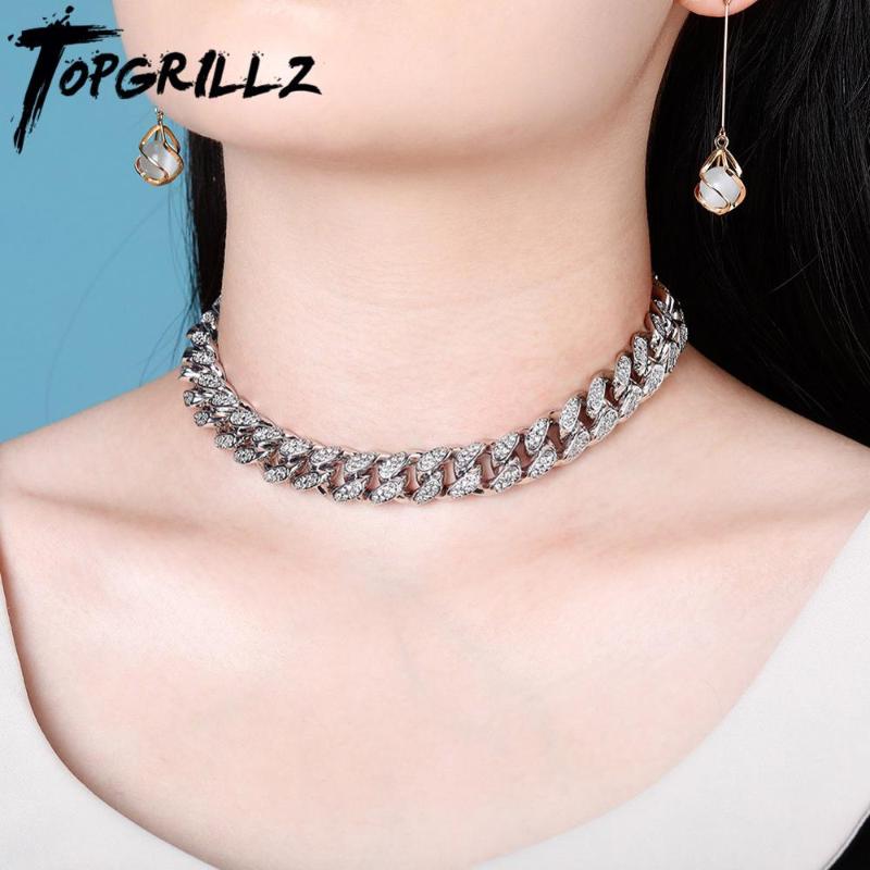 

TOPGRILLZ 14mm Chokers Necklace Miami Cuban Link Chain Necklace Iced Cubic Zircon Bling Necklaces Jewelry Gift For Women 14"15