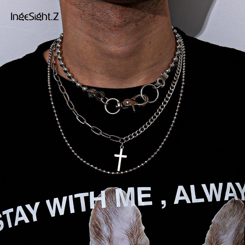 

IngeSight.Z 3Pcs/Set Multilayer Gothic Hip Hop Cross Pendant Necklace Punk Silver Color Beaded Choker Necklaces for Men Jewelry