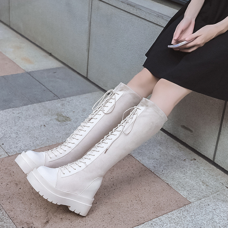 

Winter Boots Women Knee High Platform Long Boots 2020 Winter Suede Wedge Thick Sole Height Increasing Lace-up Beige Black