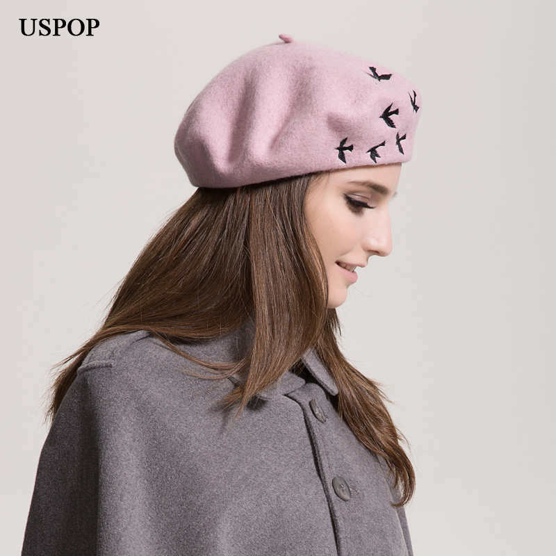 

USPOP Hot Fashion women berets female 100% wool beret casual wool thick warm winter hat cute bird embroidery berets painter hat, White