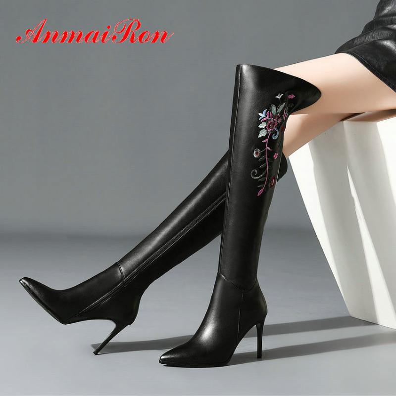 

ANMAIRON 2020 Fashion Embroider Over The Knee Boots PU Thigh High Boots Pointed Toe Women Winter Shoes Thin Heels Women Shoes, Beige
