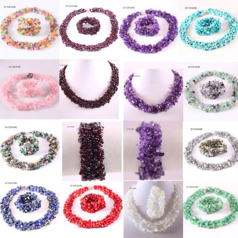 

Women Jewelry Set Irregular Shape Chip Beads Natural Stone Howlite Garnet Onyx Fluorite Quartz Crystal Opal Necklace Bracelet, As pic