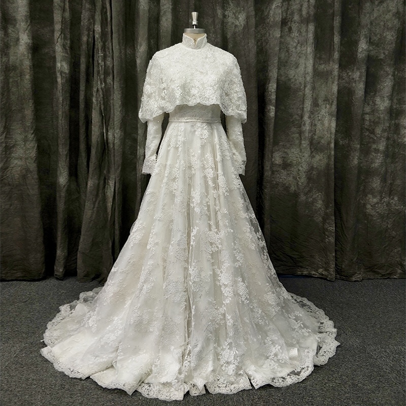 

Muslim High Neck Long Sleeve Lace Wedding Dress Bridal Gown with Shawl, Custom made