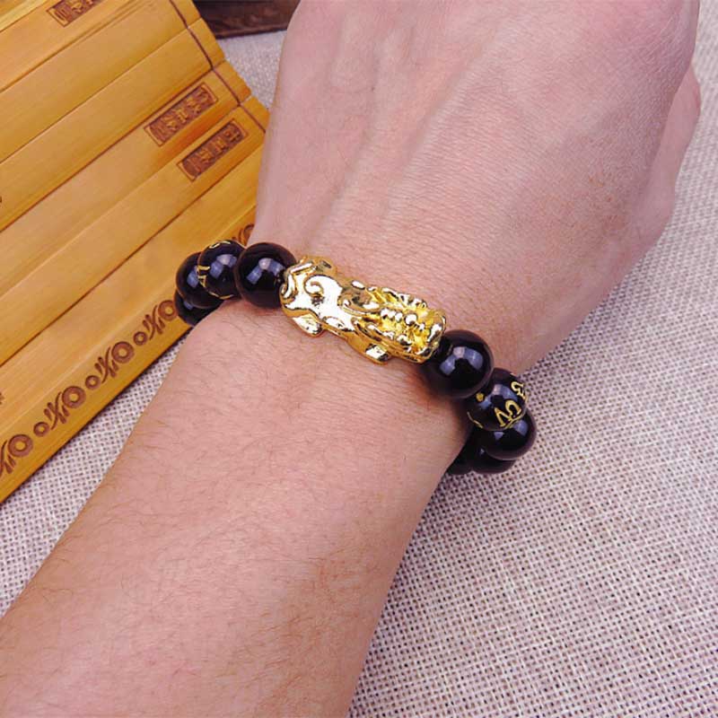 

Faux Obsidian Bead Bracelet Golden Brave Troops Charms Buddhist Jewelry@88