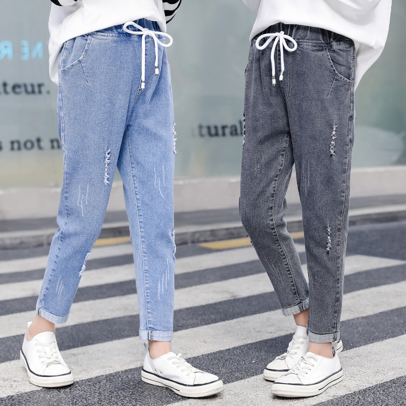 

2020 New Casual Spring Kids Jeans for Girl Solid Color Elastic Waist Girls Jean Fall Broken Hole Children Pant Teen Trousers, Black