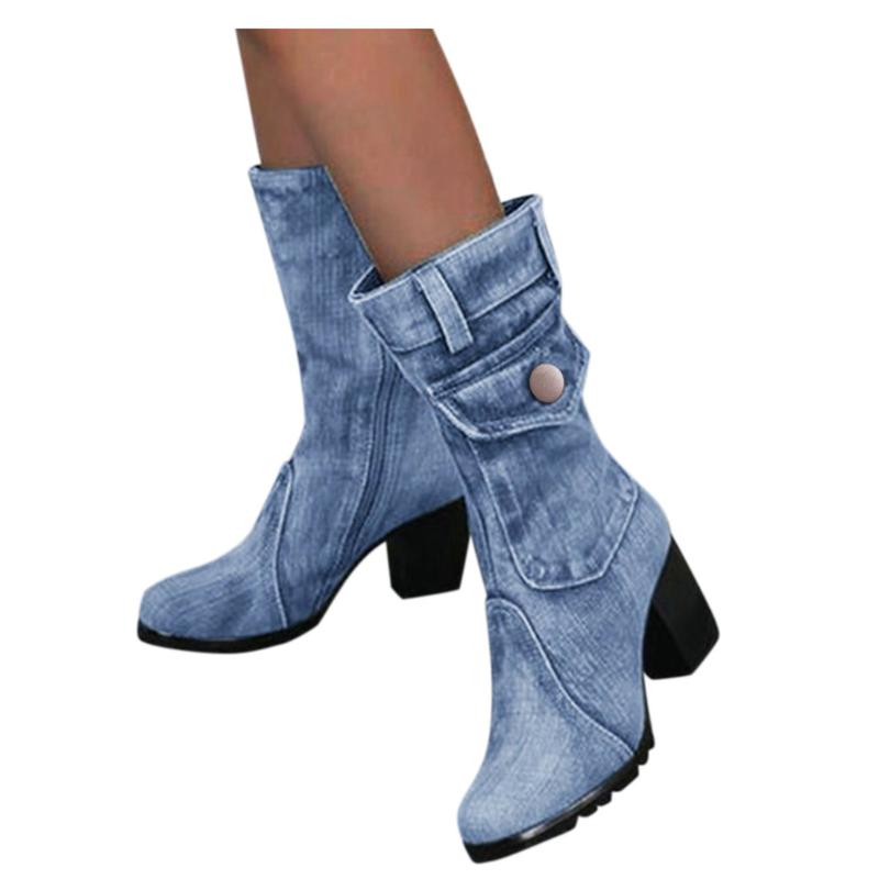 

Blue jeans boots Women's Mid-rise Rome Solid Slip-On Chunky Med Heels Boots wild vintage Large Size Ladies shoes