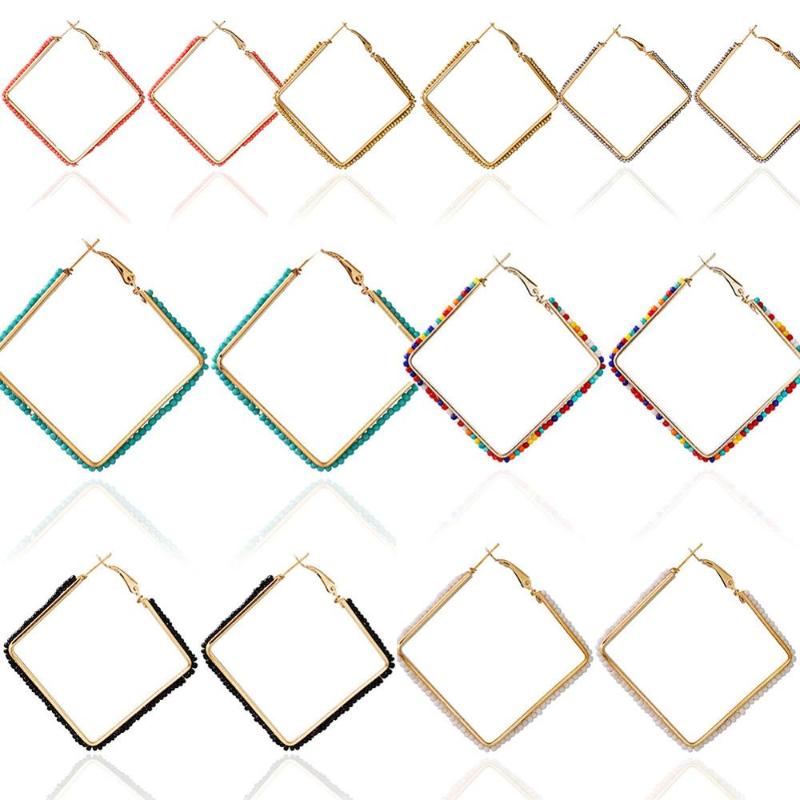

Boho Square Hoop Earrings Dangle for Women Geometric Hollow Square Beads Beaded Earrings Drop Statement Ear Girls Ocean Jewelry