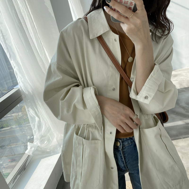 

New Arrival Drawstring Korean-style Loose-Fit Trench Coat for Women Lovely Outdoor Essential Temperament Female Windbreaker, Beige
