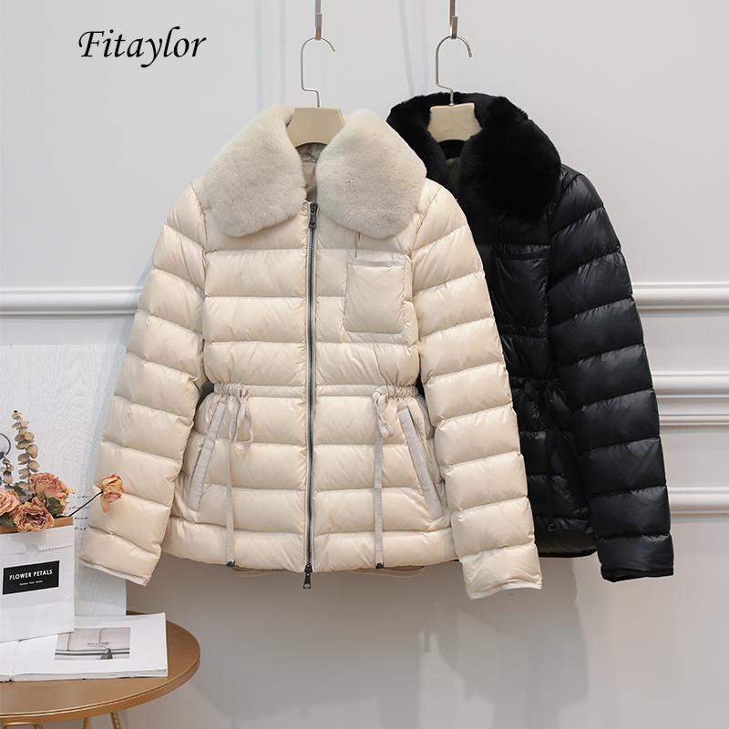 

Fitaylor Winter Ultra Light 90% Duck Down Jacket Women Large Natural ' Hair White Duck Down Parka Sash Tie Up Warm Coats, Beige