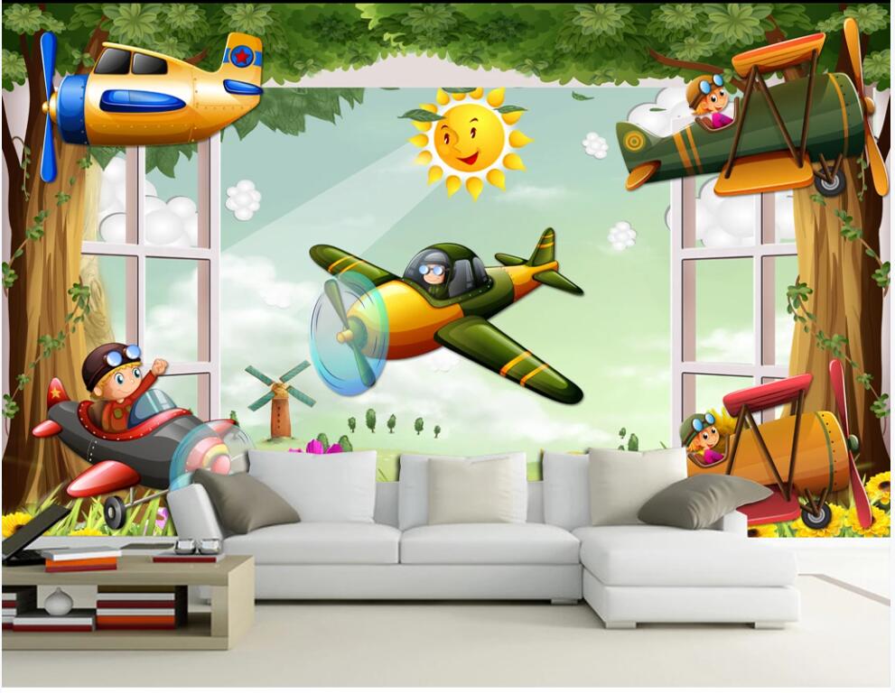 

custom photo mural 3d wallpaper Cartoon airplane children room outside the window home decor 3d wall murals wallpaper for walls 3 d, Non-woven