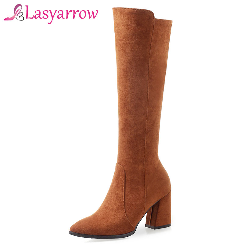 

Lasyarrow2 018 Winter Casual Women Knee High Boots Knight Black Boots Thick High Heels Zipper Shoes Woman Pointed Ladies Shoes