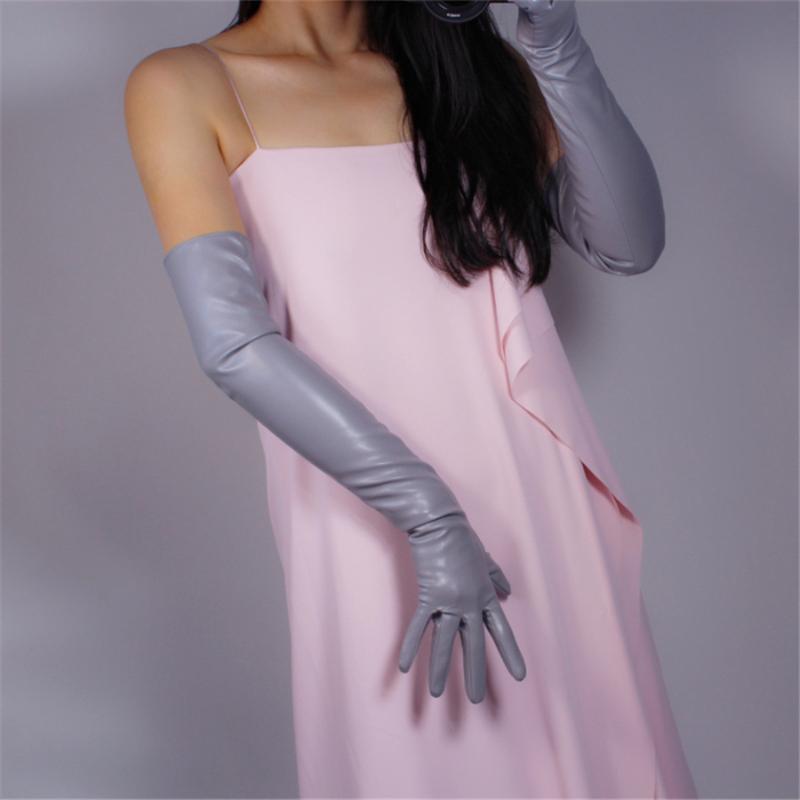 

Extra Long Leather Gloves 60cm Long Section Imitation Leather Sheepskin Silver Gray Light Gray PUQHS60