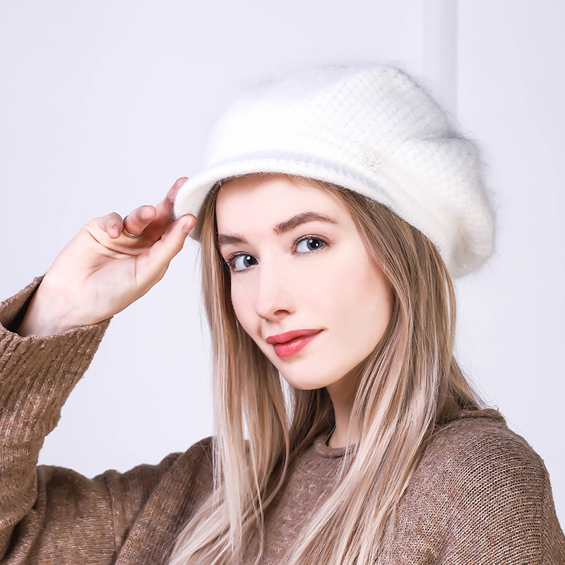 

Women Hat Winter Angora Knit Beanie Beret Warm Visor Cap Autumn Soft Double Layers Thermal Snow Outdoor Accessory Female, White