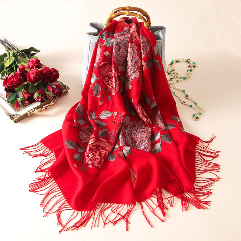 

170x65 Embroidery Red Scarf for Women Winter 100% Pure Wool Scarf and Ladies Wedding Festive Winter Shawl Floral