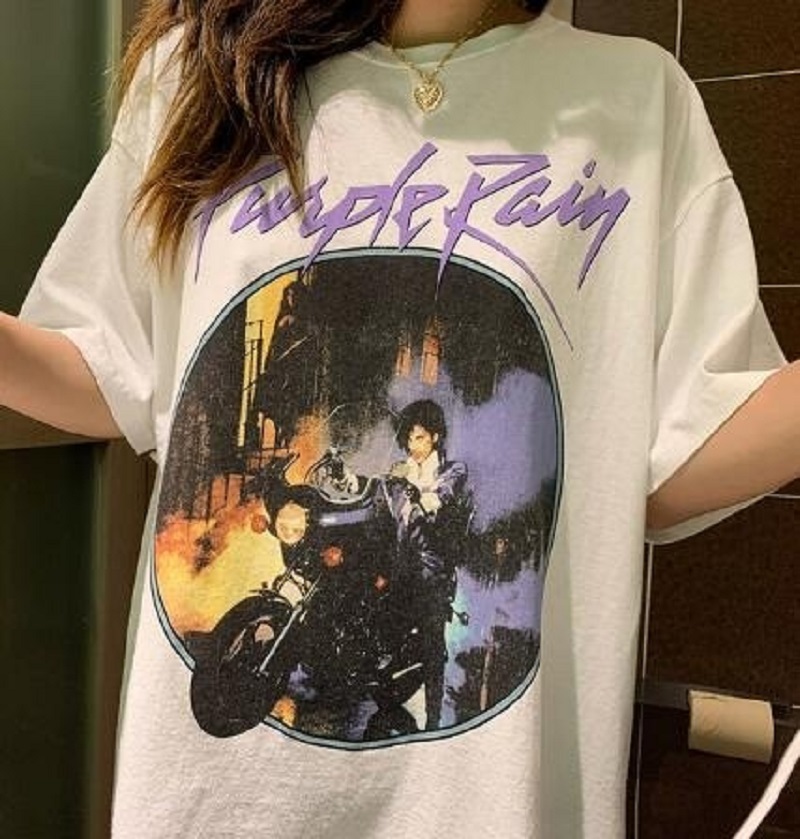

1pcs Purple Rain Vintage Graphic Tee Female Short Sleeve O Neck Purple Chic Printed Tops Summer Cotton Loose Casual T Shirt Women Top, White