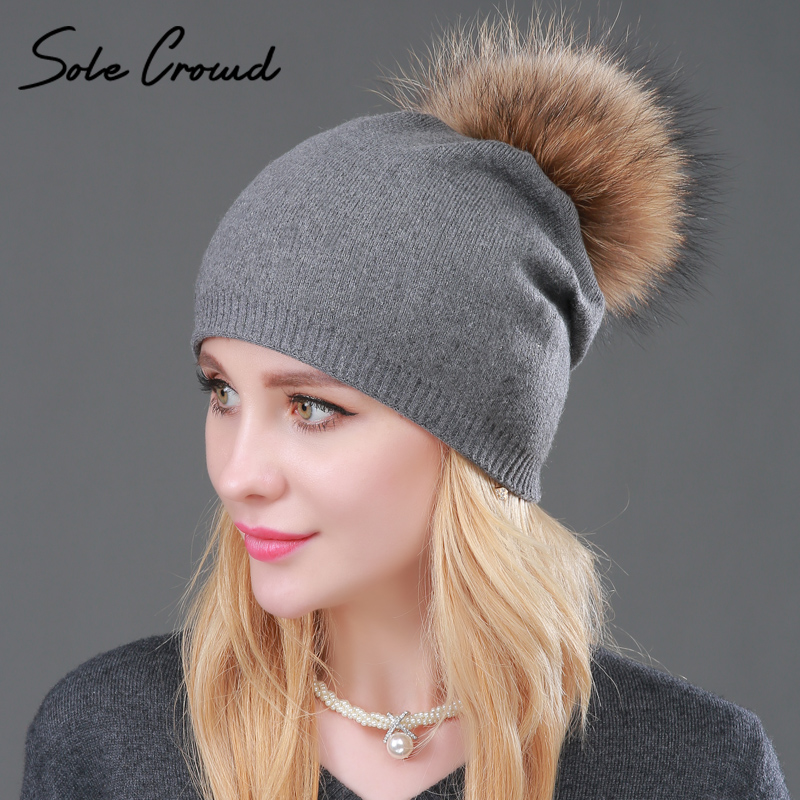 

Sole Crowd] Beanies natural real raccoon fur pompom hats autumn winter warm women knitted wool cap fashion female hat skullies, White