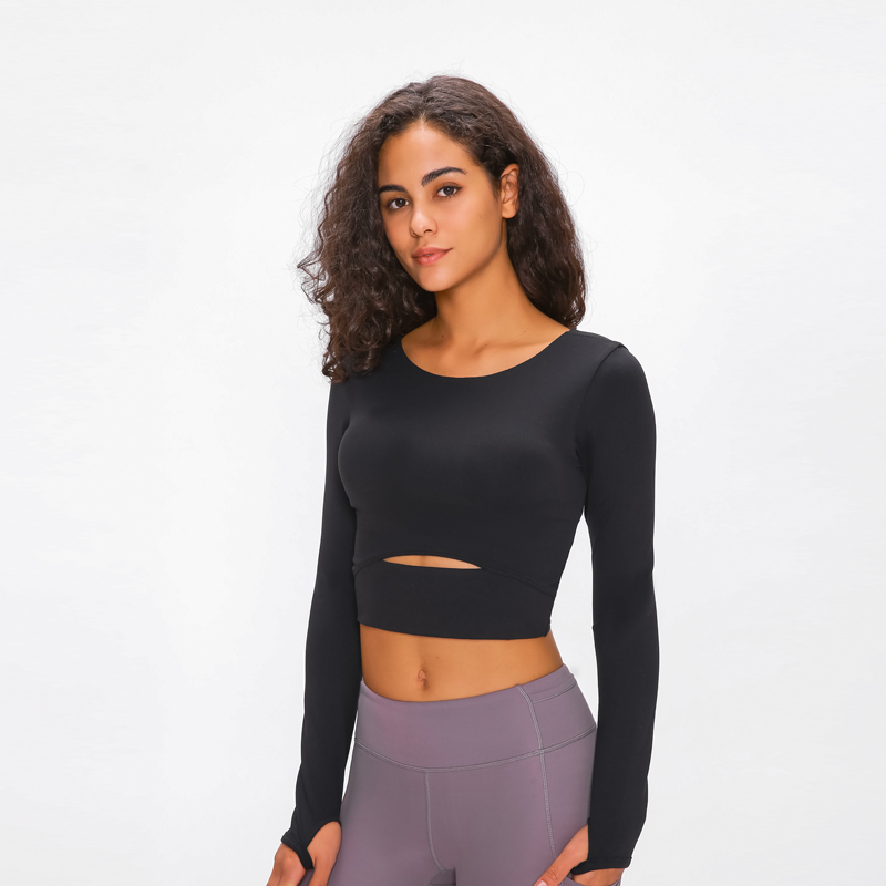 

Nepoagym WIND Women Long Sleeve Cropped Top with Padded Bra Soft Yoga Top Comfortable Gym Workout Shirts, Black