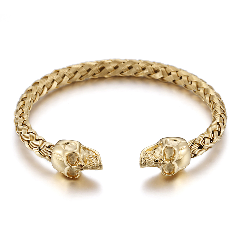 

Gold 316L Stainless Steel Biker Skull Skeleton End Open Women Men Fashion Cable-Wire Chain Bracelet