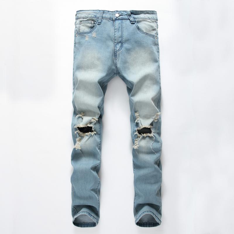 

Men Denim Jeans Retro Hole Solid Color Slim Straight Full Length Casual Bleached Trousers, Lavender