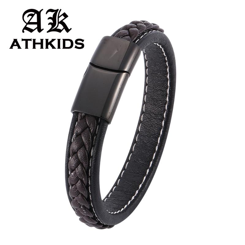 

New Men Jewelry Punk Braided Leather Bracelet for Men Stainless Steel Magnetic Clasp bracelets & bangles Fashion Gifts SP0013