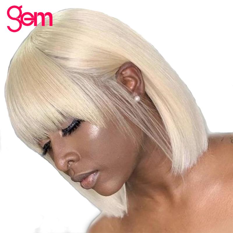 

613 Lace Front Human Hair Wigs for Women GEM Hair 613 Honey Blond Bob Wig with Bangs Blond Short Wig Full Free Shipping Remy, As pic