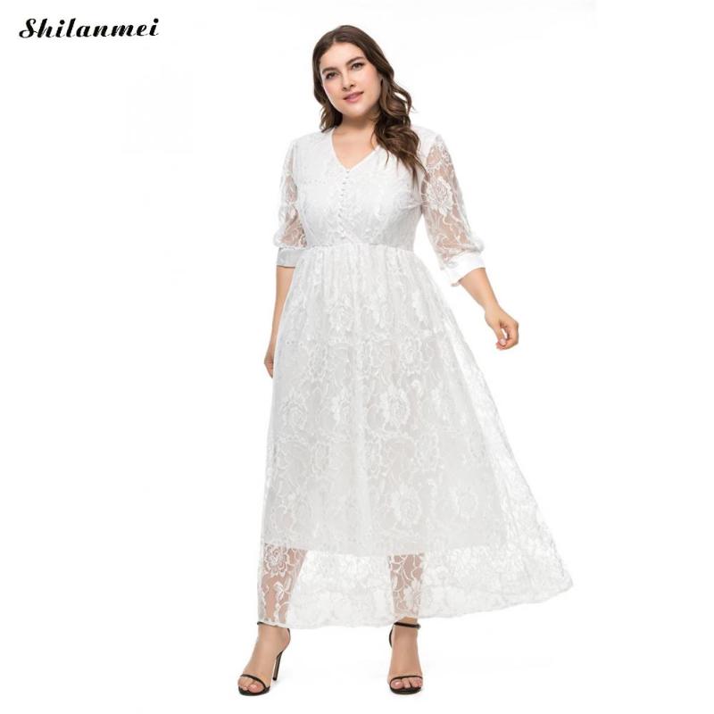 

Floral Print Plus Size Women Maxi Dresses Fashion Perspective Sof 3xl-6xl Feminine Dress Eelgant Ladies Lace White Long Vestidos, As pic