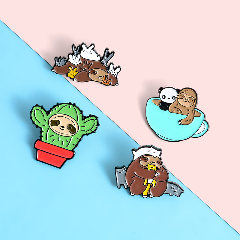 

Cute Sloth Enamel Lapel Pins Play with Cat Panda Cactus Brooches Badges Cartoon Animals Pins for Friends Wholesale Gifts