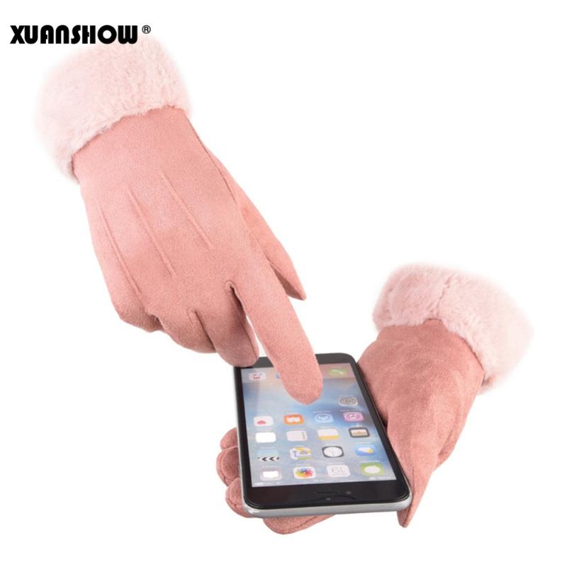 

XUANSHOW Suede Gloves Female Winter Artificial Hair Wrist Mouth Keep Warm Gloves Outdoor Riding Touch Screen Thick