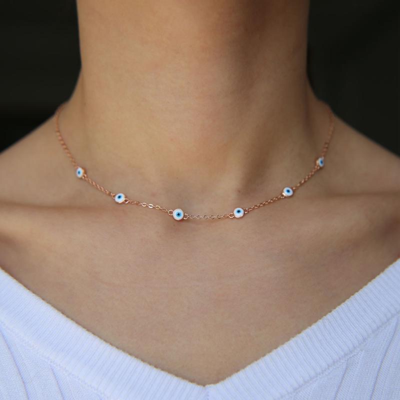 

Rose gold color round dots white enamel eye charm accessory turkish evil eye women ladies jewelry choker chain necklace