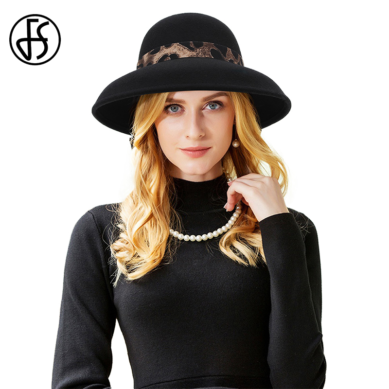 

FS Vintage Wool Dresses For Women Round Hat With Leopard Print Bowknot Black Camel Winter Felt Fedora Sombreros Elegantes, Camel wool hat