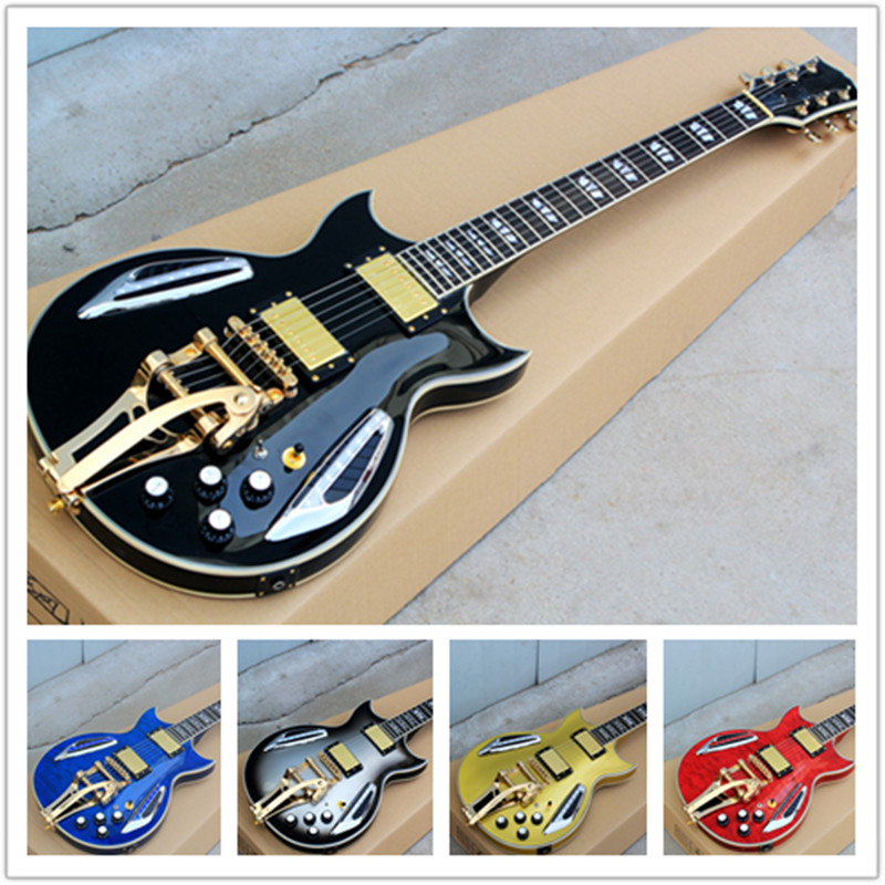

Jazz Semi-hollow Led Light on Body Electric Guitar with Big Tremolo Bridge,Golden Hardware,can be customized